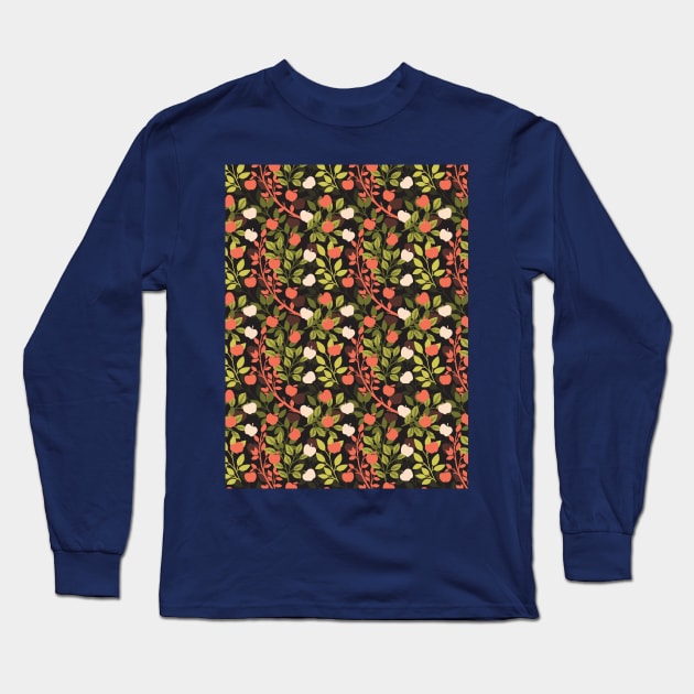 Night Apple Orchard Floral Garden Pattern Long Sleeve T-Shirt by FlinArt